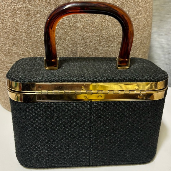 Vintage JR Flordia USA-Box Style Black and Gold Women's Handbag w/ Lucite Handle - Picture 4 of 9